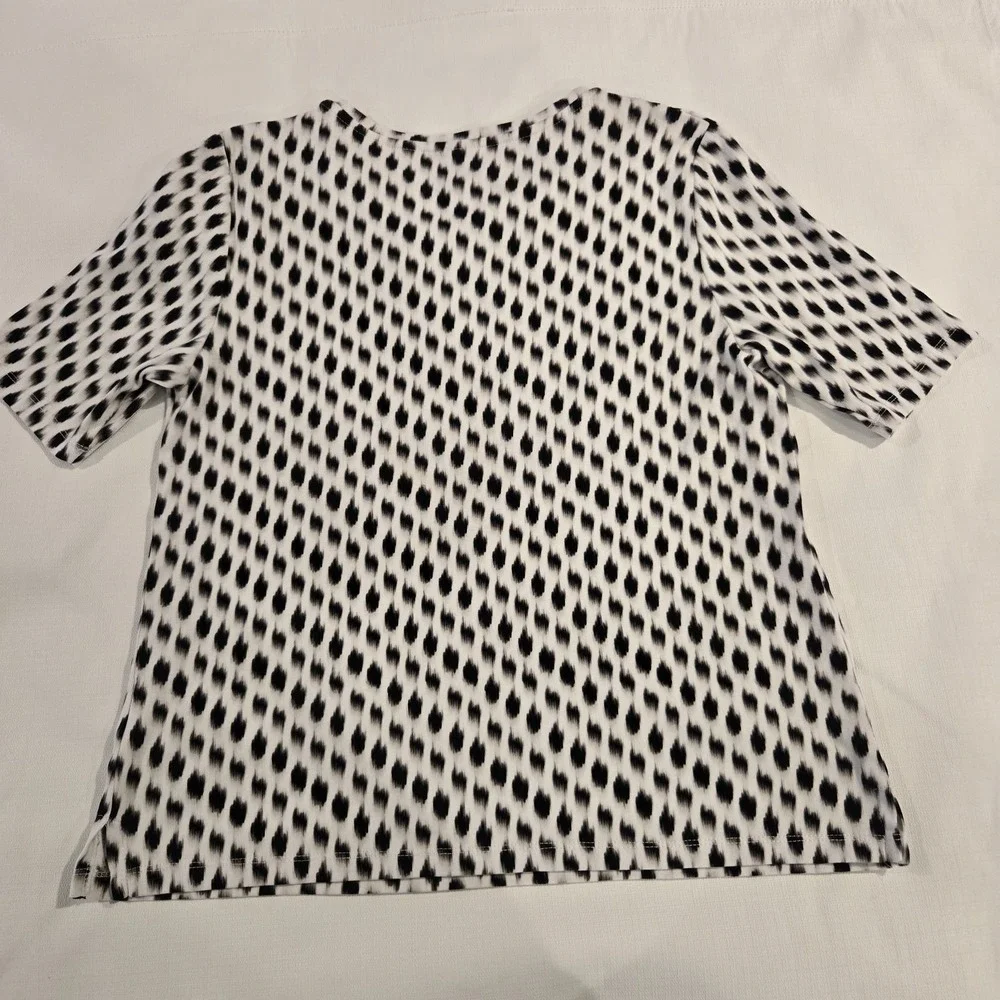 Rafaella Ladies Top White w/ Black Blurred Dots Embroidered Collar Side Slits XL